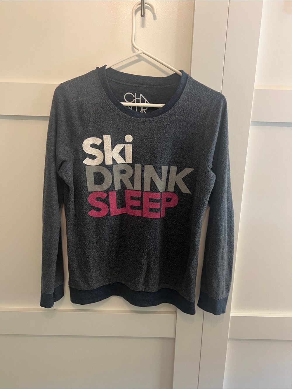 Chaser Navy Crewneck Sweater with White, Gray & Pink Graphic
